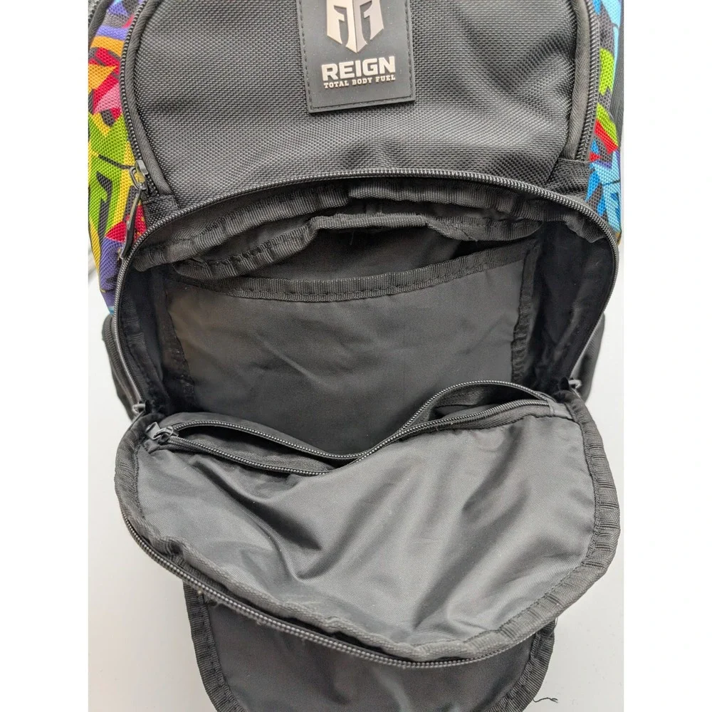 Reign Total Body Fuel Backpack Black Multicolored Graffiti Print Gym Travel Bag